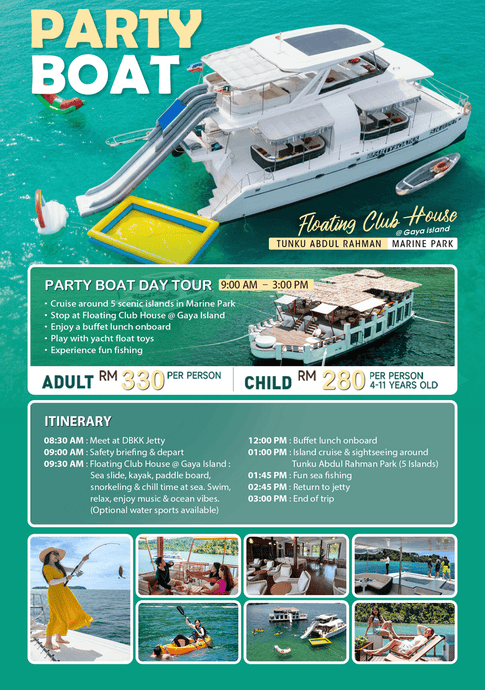 Party Boat Day Tour at Tunku Abdul Rahman Marine Park, Kota Kinabalu — enjoy buffet lunch, water toys, and visit Floating Club House at Gaya Island.