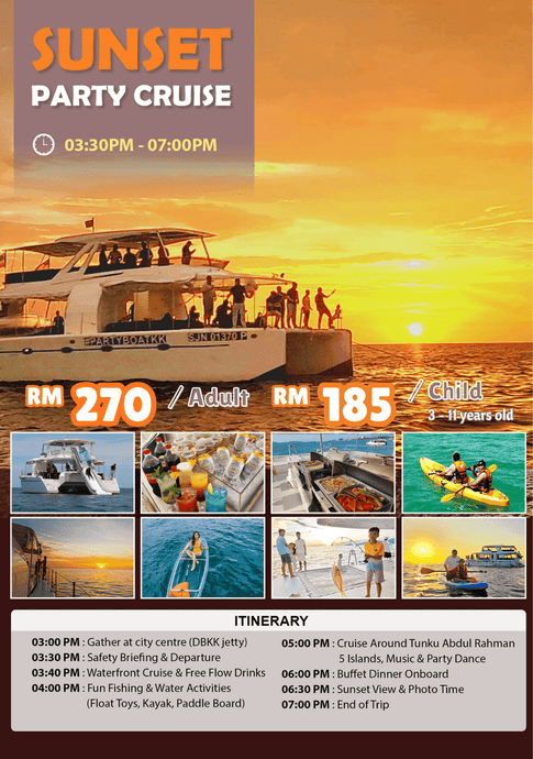 Promotional flyer for a sunset party cruise with boat images and pricing details.