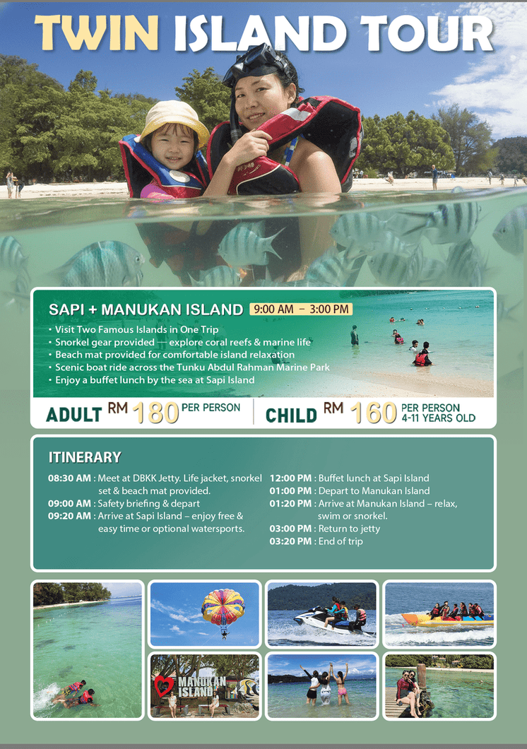 Family enjoying snorkeling at Sapi and Manukan Islands, part of Tunku Abdul Rahman Marine Park near Kota Kinabalu, Sabah — Twin Island Hopping Tour with buffet lunch.