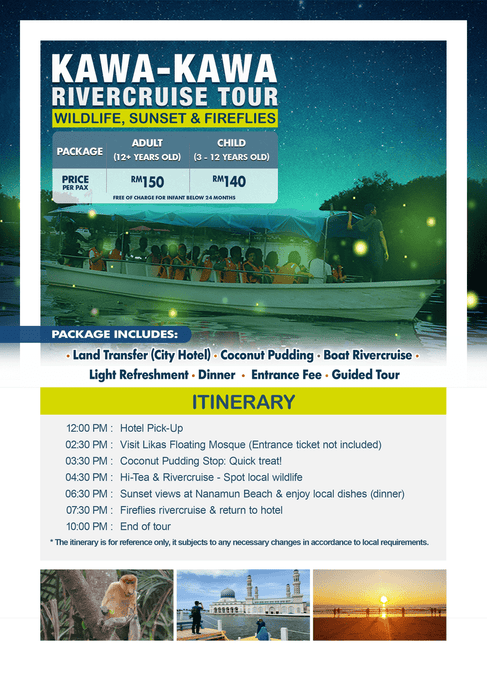 Kawa-Kawa River Cruise Tour in Sabah — wildlife watching, sunset view, and fireflies river cruise with dinner and guided tour from Kota Kinabalu.